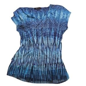 B.L.U.E. Blouse Top Peacock Pattern Cap Sleeve Sweetheart Neck Blue White Size L